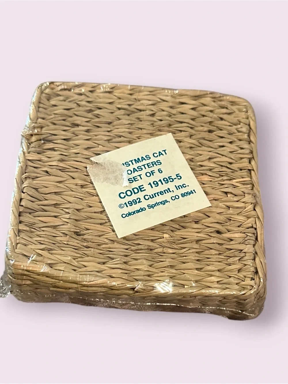 Vintage 1992 Christmas Cat Coasters Set of 6 In Wicker Holder Holiday Decor